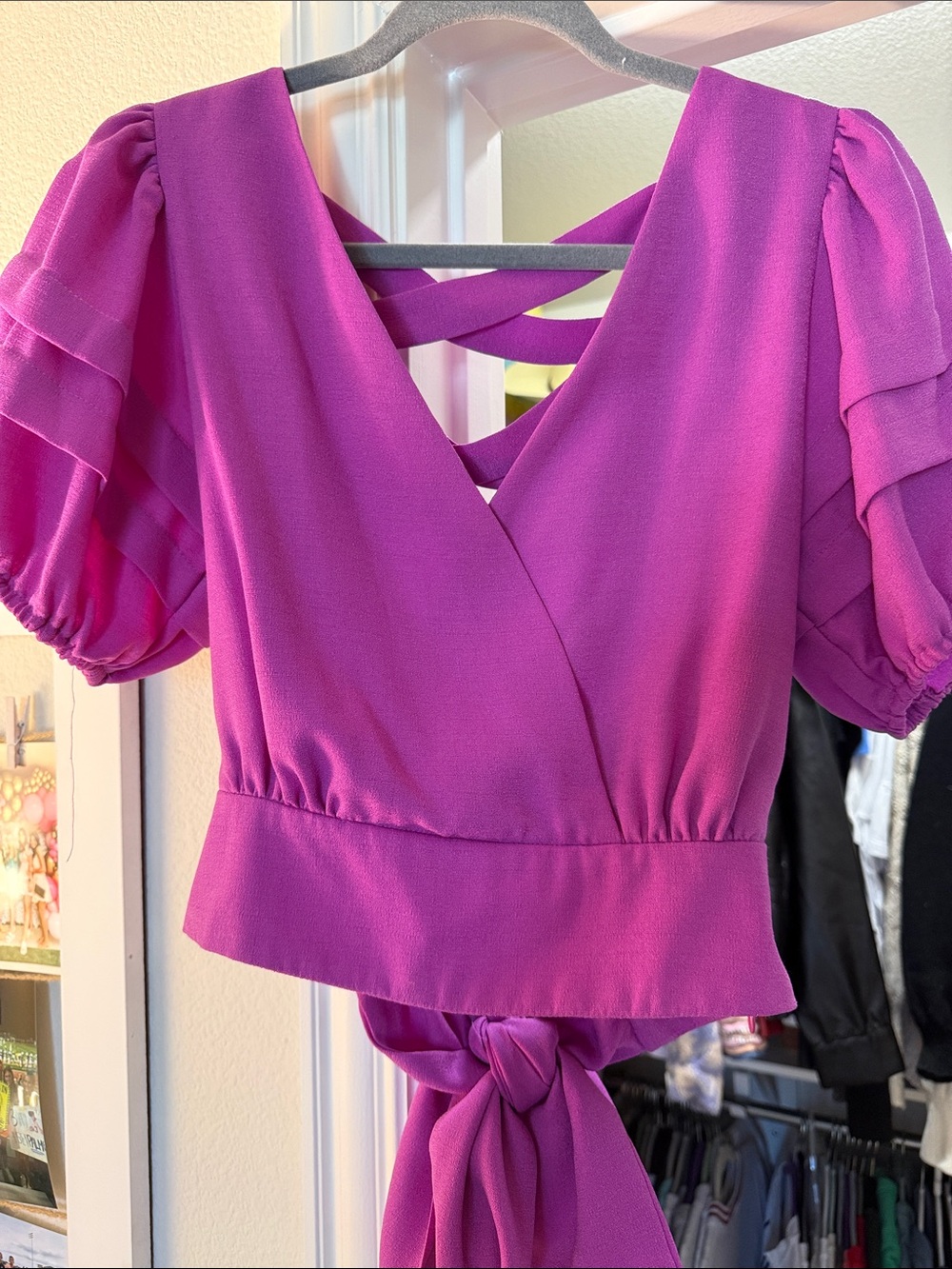 Magenta Puff-Sleeve Wrap Blouse with Tie-Back